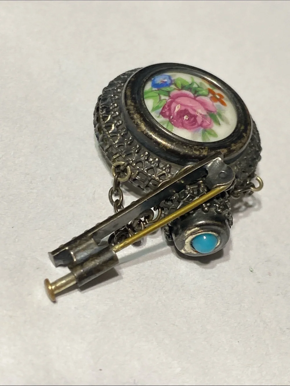 PRETTY Vintage Limoges Silver tone floral Filigree Perfume Bottle bar Pin Brooch